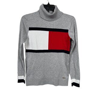 Tommy Hilfiger Sweater Womens XS Gray Logo 90s Turtleneck Stretch Classic